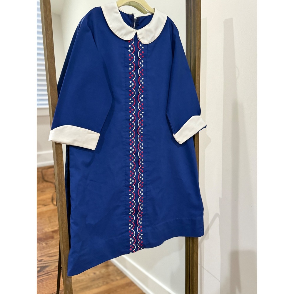 Kids Royal Blue White Trim Star Embroidered Peter Pan Collar Dress 10/12 Vintage